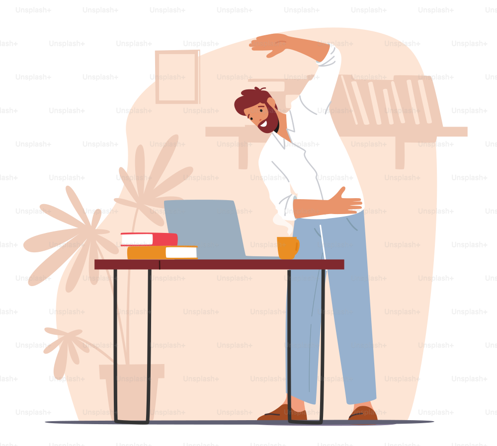 Office Worker Exercising at Workplace. Male Character Do Workout at Work Place Stretching Arms while Work on Laptop at Desk. Health Care, Sport Lack of Exercise Prevention. Cartoon Vector Illustration