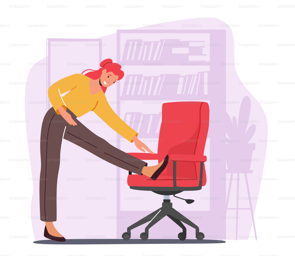 Female Character Doing Workout at Work Place Stretching Body and Legs using Armchair. Office Worker Exercising at Workplace, Manager Health Care and Sport Concept. Cartoon People Vector Illustration