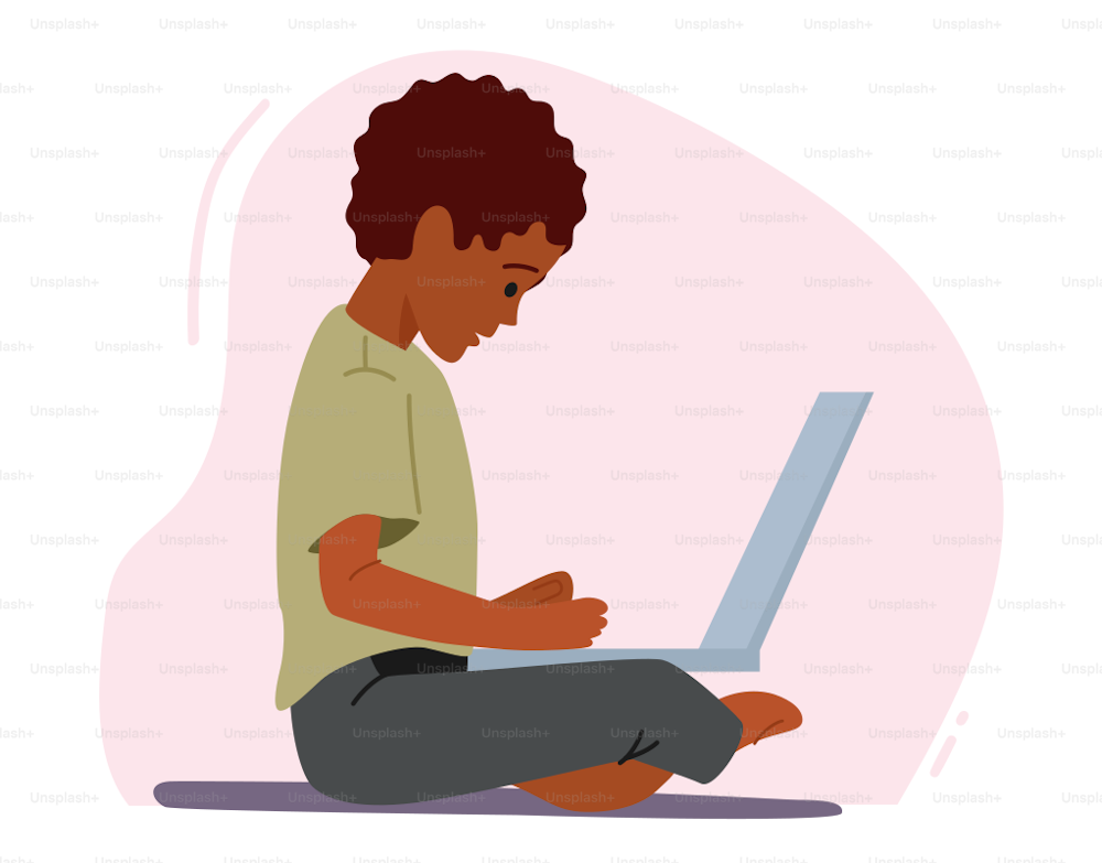 Afrikanischer Junge sitzt mit Laptop, spielt, lernt Kurse, plaudert mit Freunden. Kind, das Gadget benutzt, Fernunterricht für Kinder, Charakterstudium online, Sucht. Cartoon Menschen Vektor Illustration