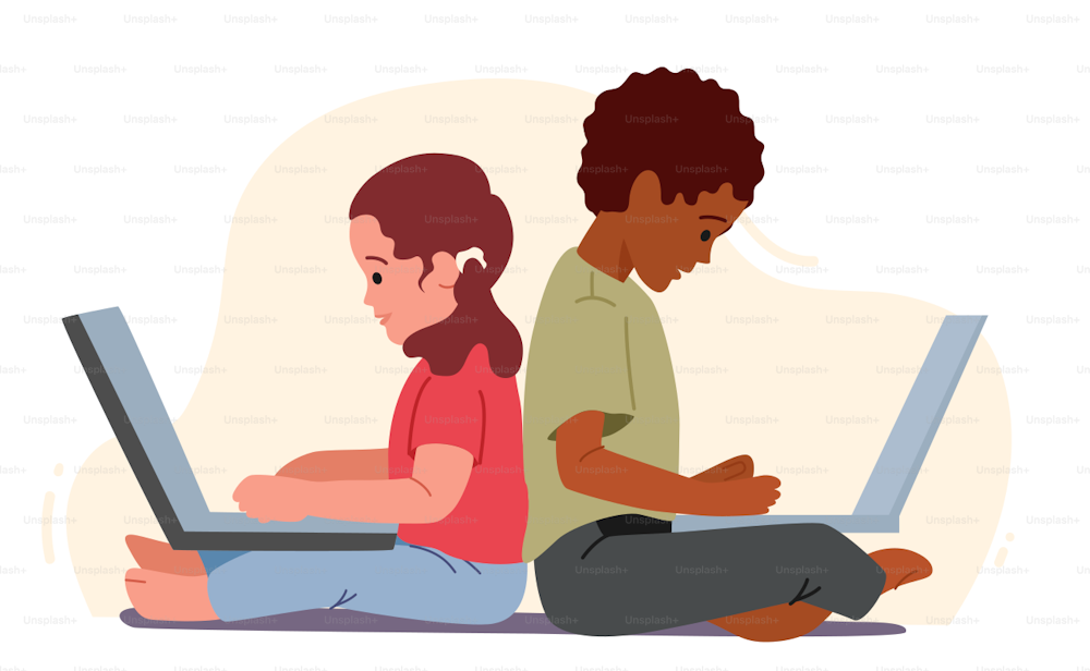 Children Using Gadgets, African and Caucasian Boy and Girl Sitting with Laptops. Kids Remote Education, Toddlers Characters Use Smart Technologies, Studying Online. Cartoon People Vector Illustration