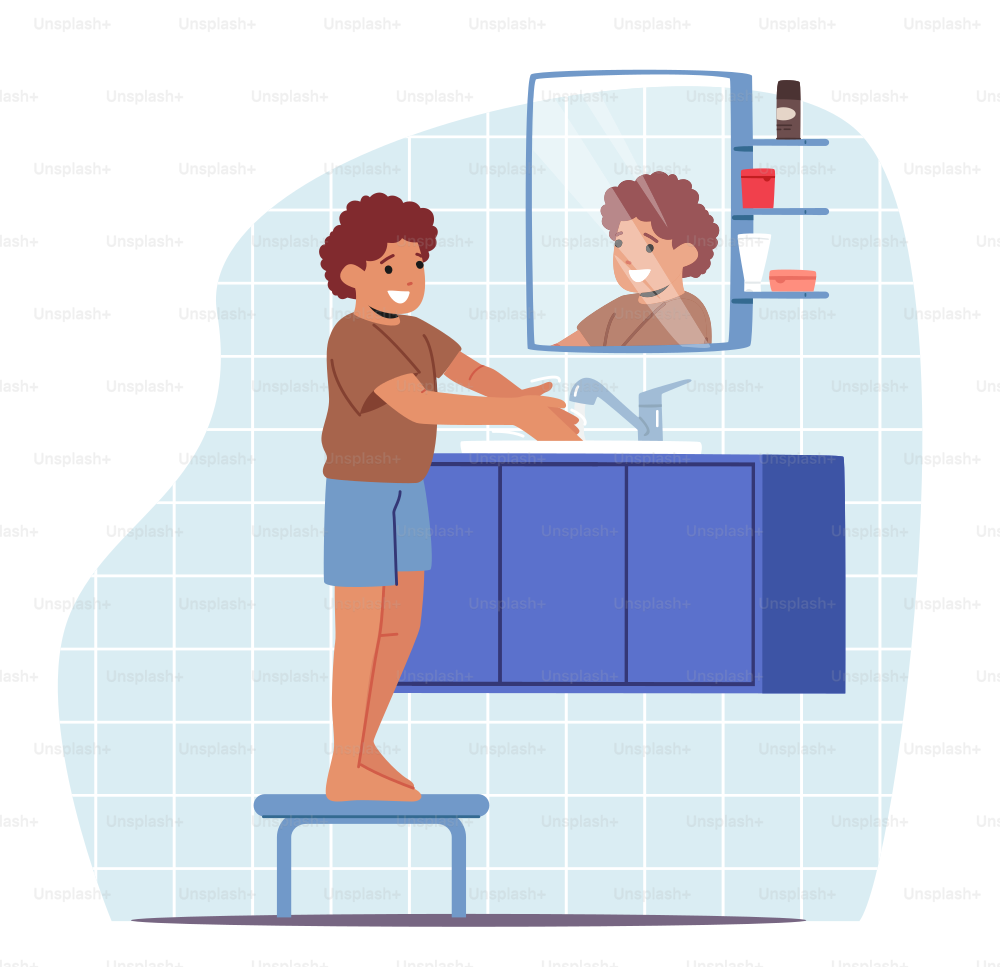 洗面台で手を洗う小さな男の子は、低い椅子の上に立っています。子供のキャラクターの朝または夕方の日課。バスルームの健康管理、入浴、しつけのコンセプトを持つ子供。漫画の人々のベクターイラスト
