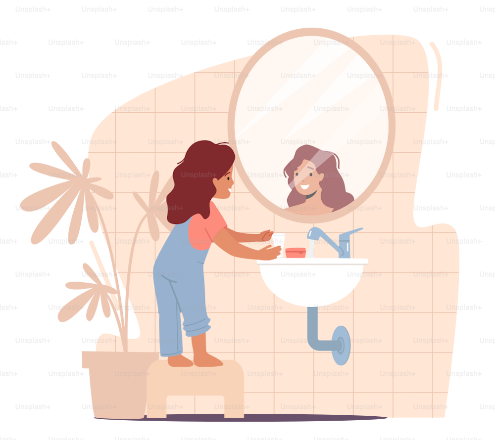子供のキャラクターの朝または夕方の日課。小さな女の子は低い椅子の上に立ち、バスルームの鏡を見て手を洗い、子供の健康管理、入浴、しつけ。漫画の人々のベクターイラスト