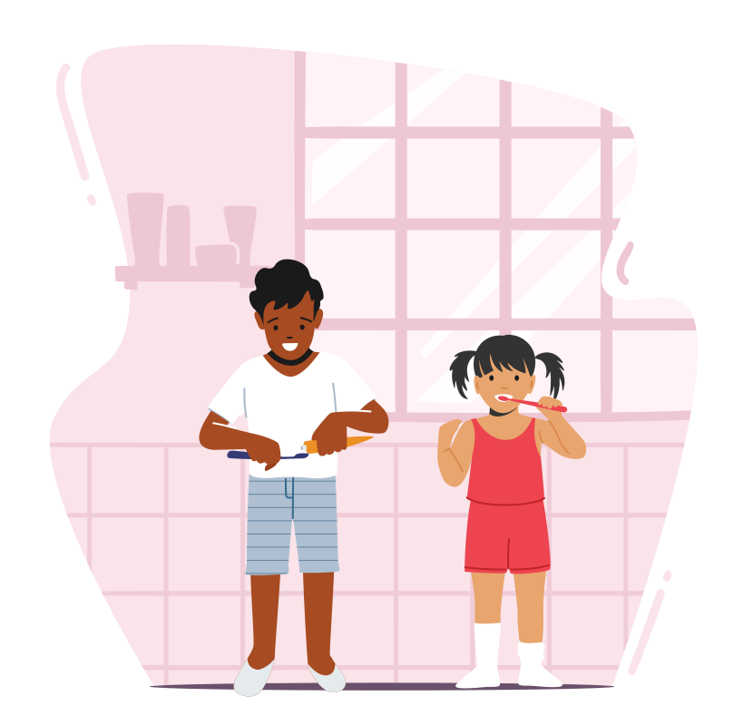 Kids Characters Brushing Teeth in Bathroom. Children Toothbrush Morning or Evening Daily Routine. Child Health Care, Bathing, Hygiene and Discipline Concept. Cartoon People Vector Illustration