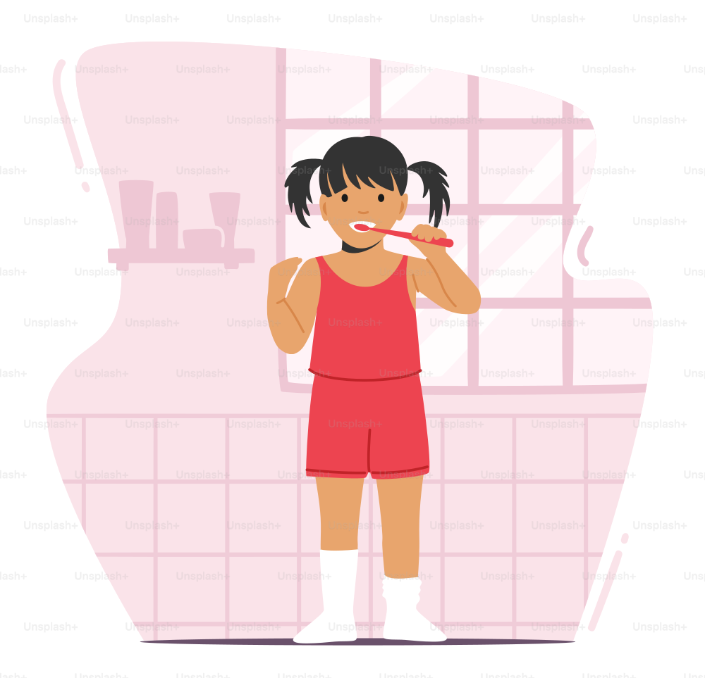 Little Girl Character Brushing Teeth in Bathroom. Child Bathing, Toothbrush Morning or Evening Daily Routine. Kid Dental Health Care, Hygiene and Discipline Concept. Cartoon People Vector Illustration