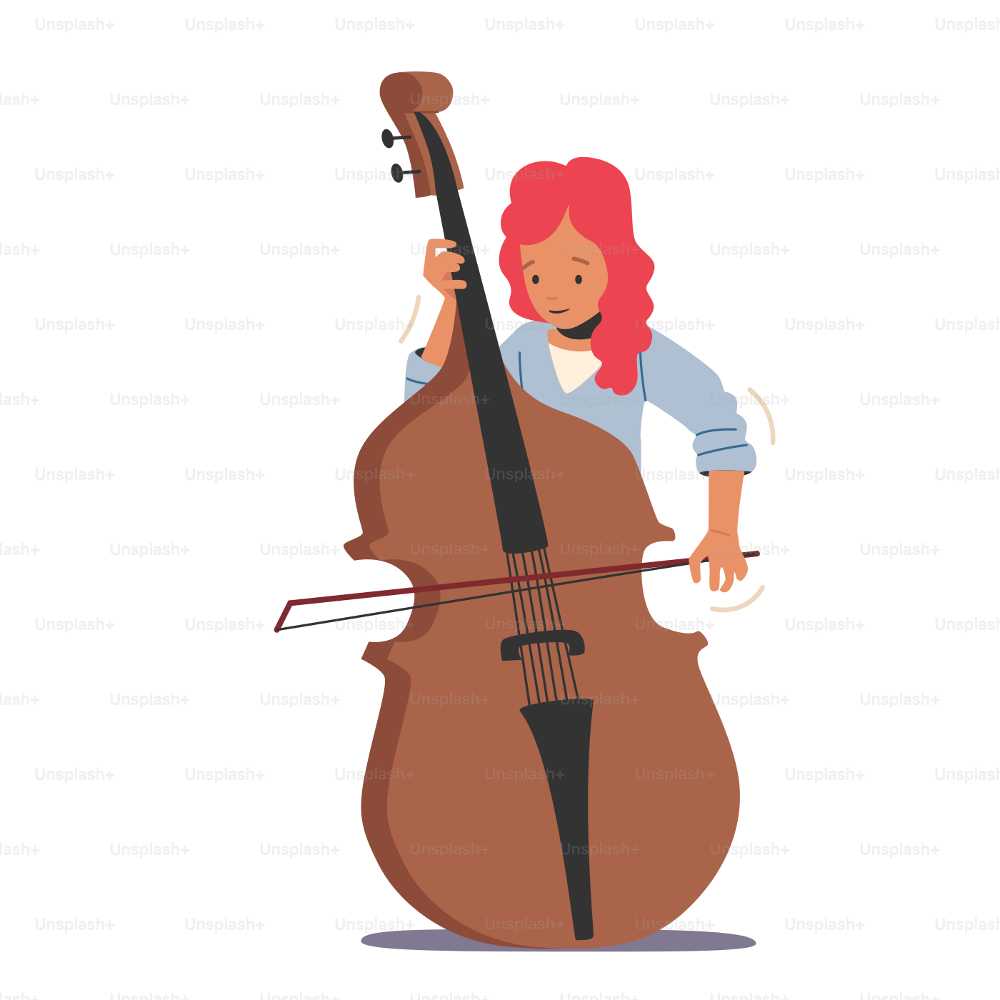 Músico, personaje femenino, tocan contrabajo o violonchelo, instrumentos de cuerda actúan en el escenario con un concierto de música clásica. Actuación en escena filarmónica, conjunto instrumental. Ilustración vectorial de dibujos animados