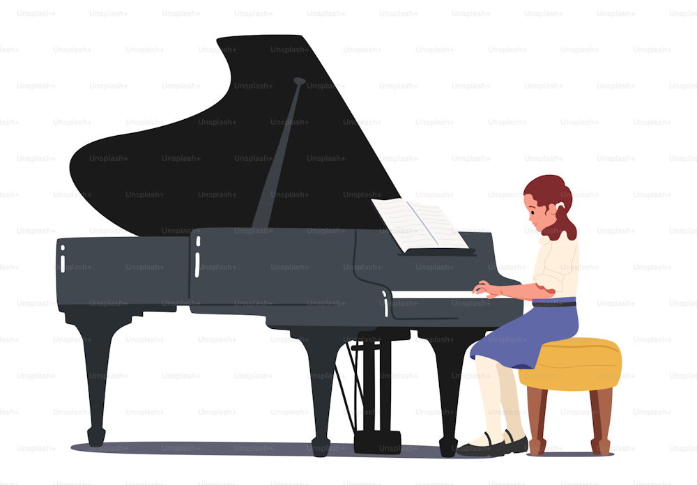 Little Girl Pianist Character Playing Musical Composition on Grand Piano for Symphonic Orchestra or Opera Performance on Stage. Talented Child Artist Performing on Scene. Cartoon Vector Illustration