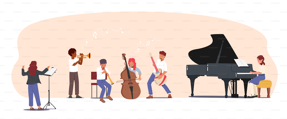 Children Training on Lesson in Music School or Performing on Philharmonic Stage. Students with Various Instruments Trumpet, Double Bass, Bassoon and Electric Guitar. Cartoon People Vector Illustration