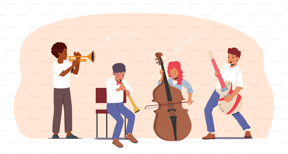 Students with Various Instruments Trumpet, Double Bass, Bassoon and Electric Guitar. Children Training on Lesson in Music School or Performing on Philharmonic Stage. Cartoon People Vector Illustration