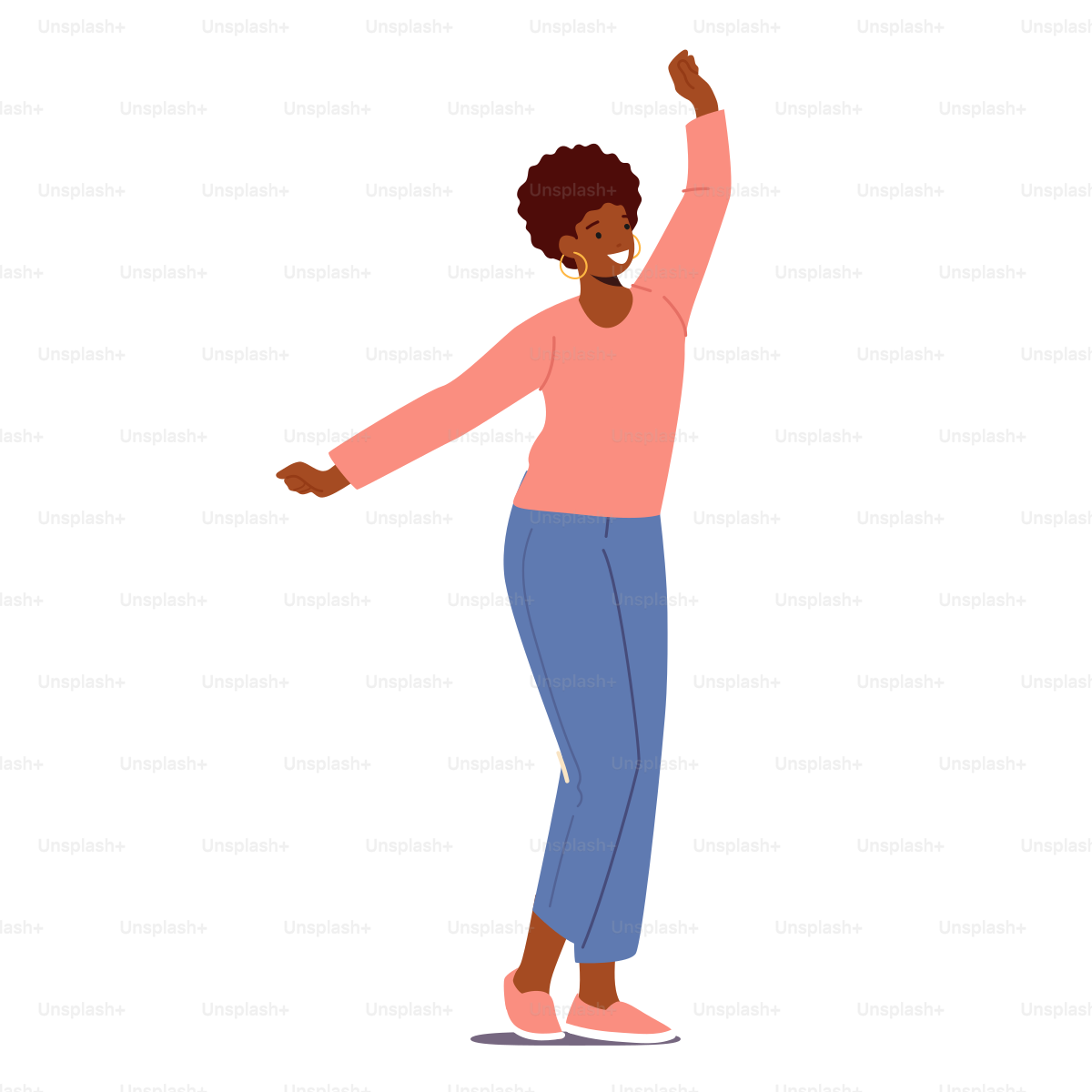 Happy African Female Character Waving Hands. Young Positive Woman Greeting Gesture, Cheerful Girl Excited Emotion, Gesturing, Body Language Isolated on White Background. Cartoon Vector Illustration