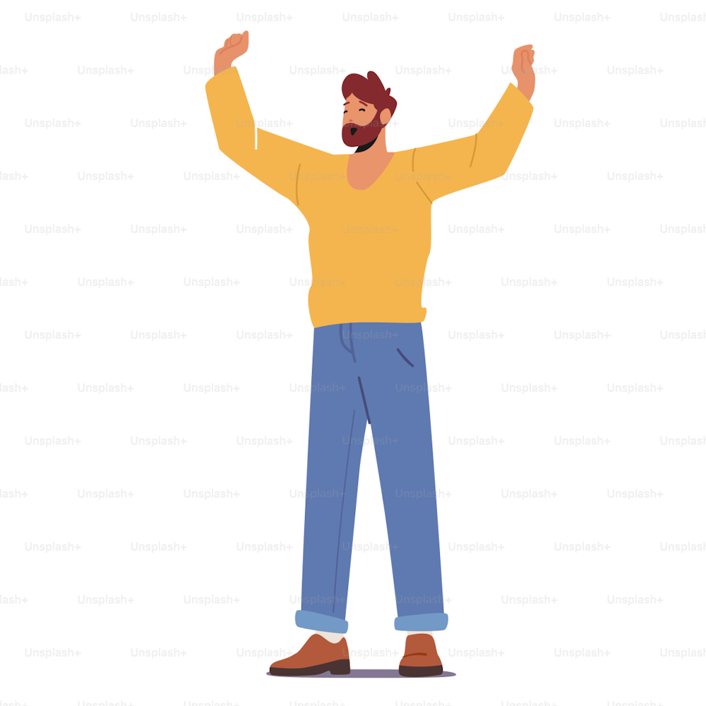 Happy Male Character Celebrate Success, Victory, Sports Fan or Businessman Adult Bearded Man in Casual Clothes Waving Raising Hands Isolated on White Background. Cartoon People Vector Illustration