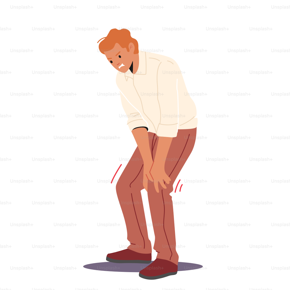 Man Feeling Strong Pain in Knee. Male Character Touching Leg, Health Problem, Disease Symptoms and Unhealthy Body Sickness. Result of Jogging or Trauma, Limb Injury. Cartoon People Vector Illustration