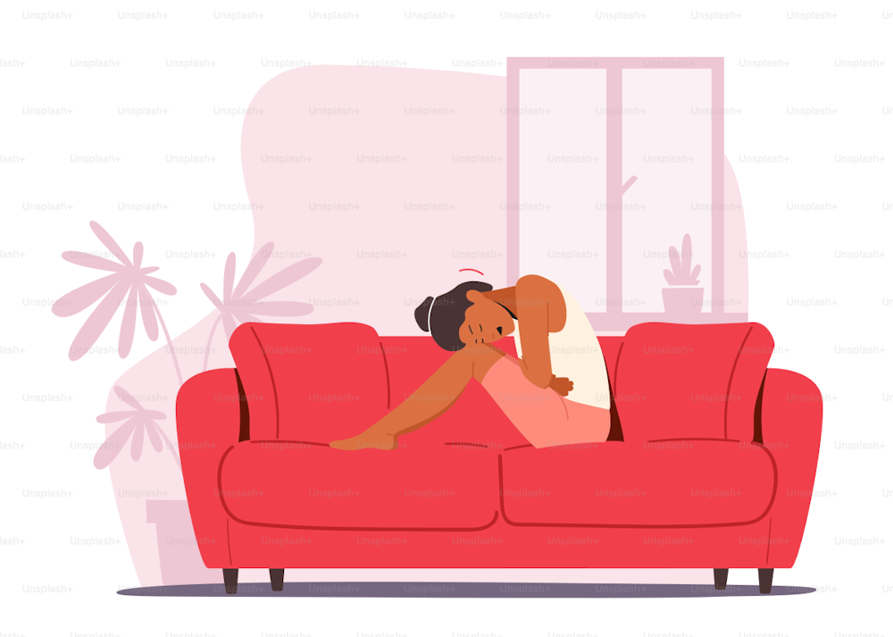Woman Sitting on Couch Touch Belly, Appendicitis, Health Problem, Stomach Disease Symptoms. Female Character Feeling Strong Abdominal Pain. Unhealthy Body Sickness. Cartoon People Vector Illustration