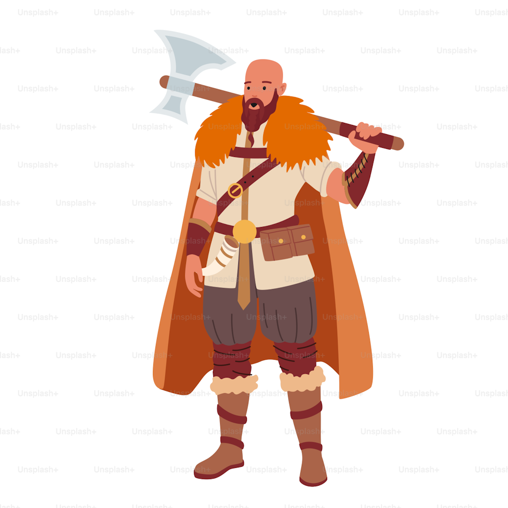 Vikingo, personaje de leyendas nórdicas. Personaje masculino guerrero escandinavo con barba, capa de piel, sosteniendo hacha de armadura y cuerno en el cinturón aislado sobre fondo blanco. Ilustración vectorial de dibujos animados