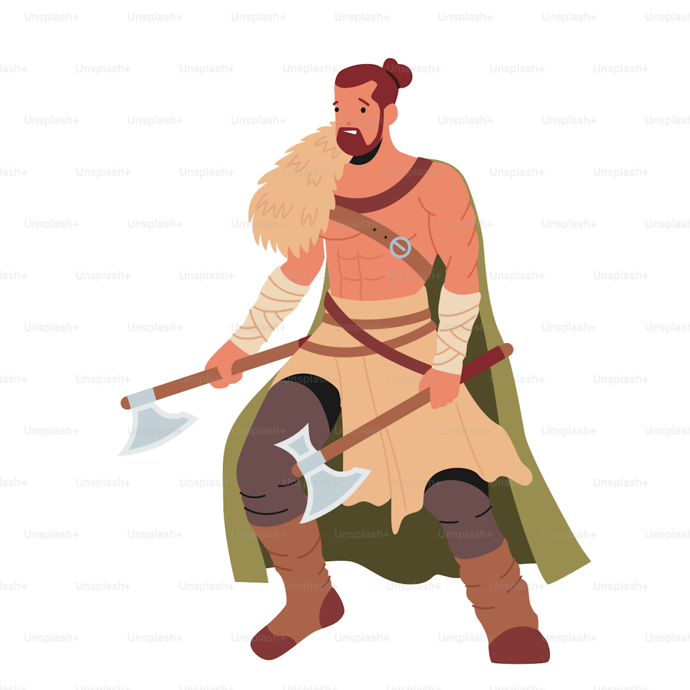 Viking avec torse nu et haches de combat, guerrier scandinave, personnage masculin barbu porter une cape tenant une armure isolée sur fond blanc. Personnage des légendes nordiques. Illustration vectorielle de bande dessinée