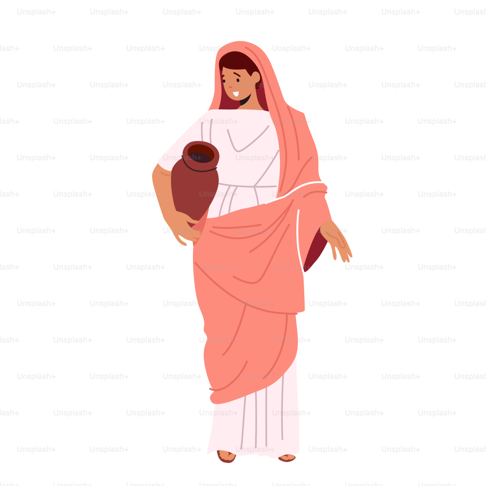 Mulher romana usa túnica e sandálias roupas tradicionais da Roma Antiga, personagem feminina em traje histórico segurando jarro de barro nas mãos isoladas no fundo branco. Ilustração vetorial de pessoas dos desenhos animados