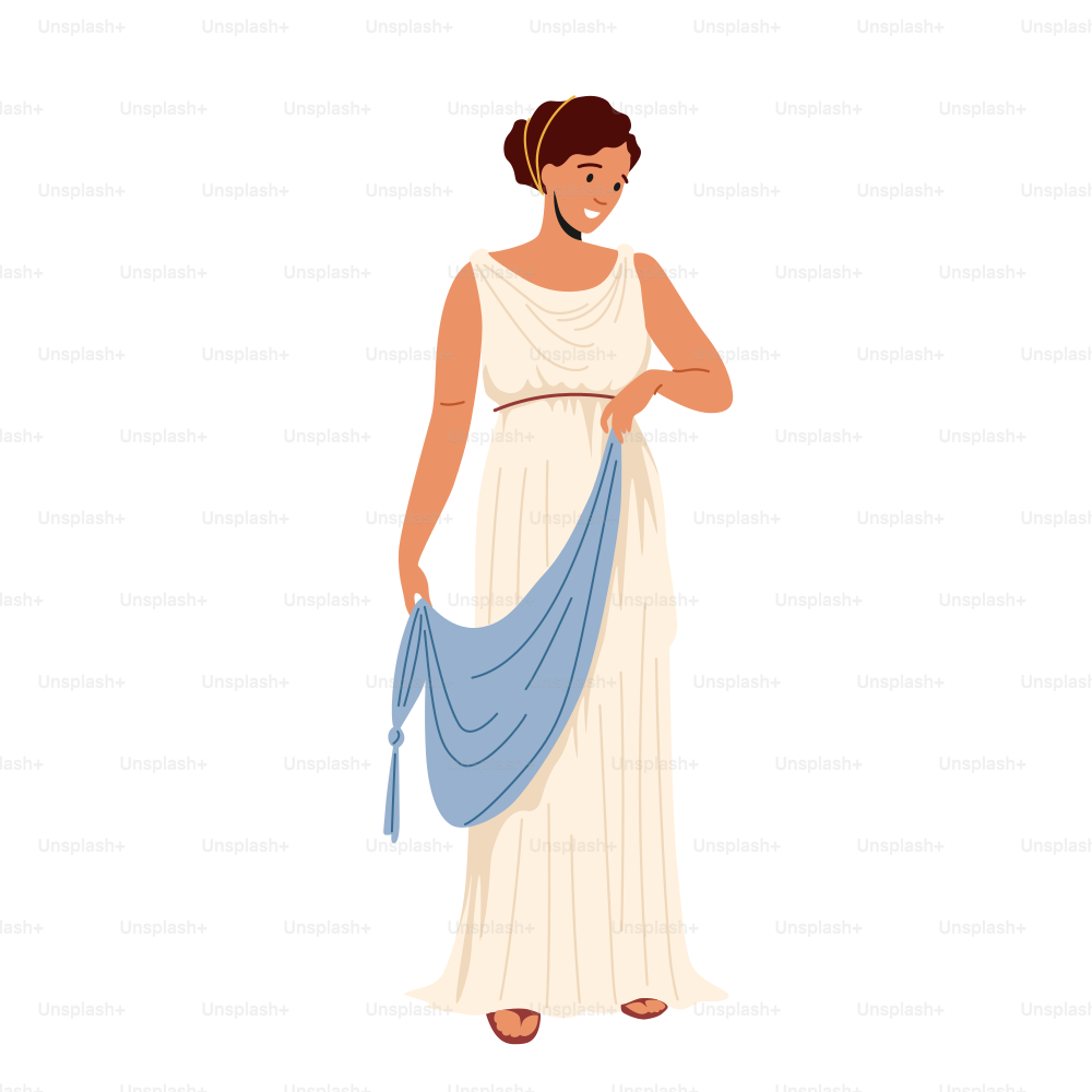 Mujer romana con ropa tradicional, personaje femenino ciudadano de la antigua Roma en traje histórico de túnica y sandalias, diosa, actriz aislada sobre fondo blanco. Ilustración vectorial de Cartoon People