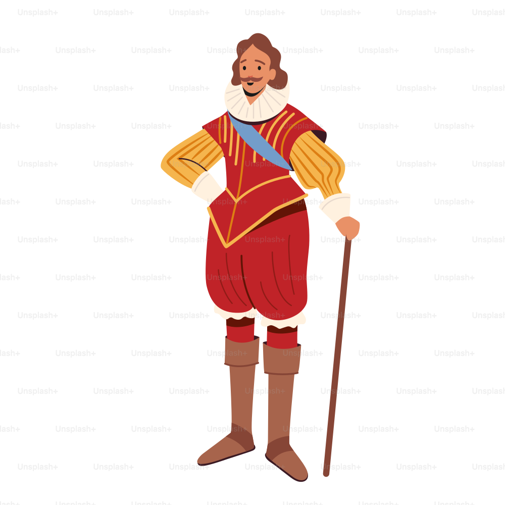 Señor medieval, personaje del siglo 16, personaje real de la Edad Media usa ropa de lujo y bastón para caminar, aristócrata, antiguo barón aislado sobre fondo blanco. Ilustración vectorial de Cartoon People