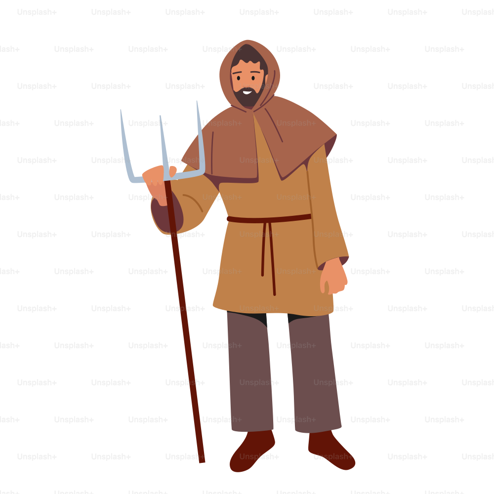 Personagem masculino camponês medieval usa roupas de tecido segurando garfo isolado no fundo branco. Ator Histórico de Conto de Fadas, Personagem da Idade Média, Homem Antigo. Ilustração vetorial dos desenhos animados
