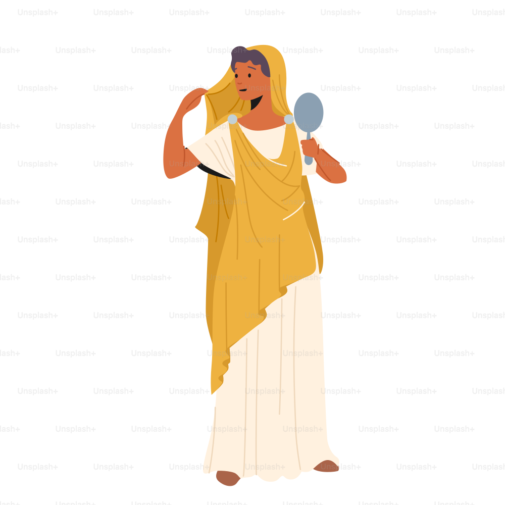 Mulher romana usa túnica e sandálias preen com espelho nas mãos. Personagem da menina bonita no traje histórico tradicional da Roma Antiga isolado no fundo branco. Ilustração vetorial de pessoas dos desenhos animados