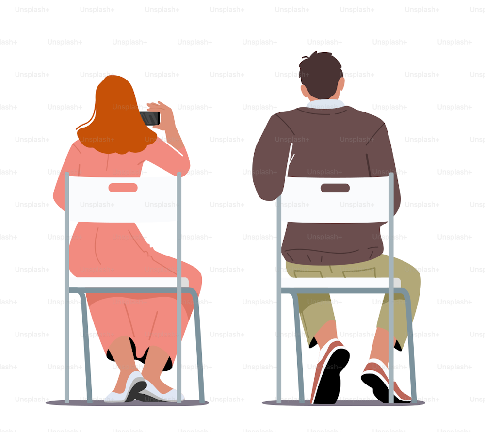 People Sitting Back View. Young Man and Woman Characters Sit on Chairs Photographing or Making Notes. Students, Lecture or Workshop Participants in University or College. Cartoon Vector Illustration
