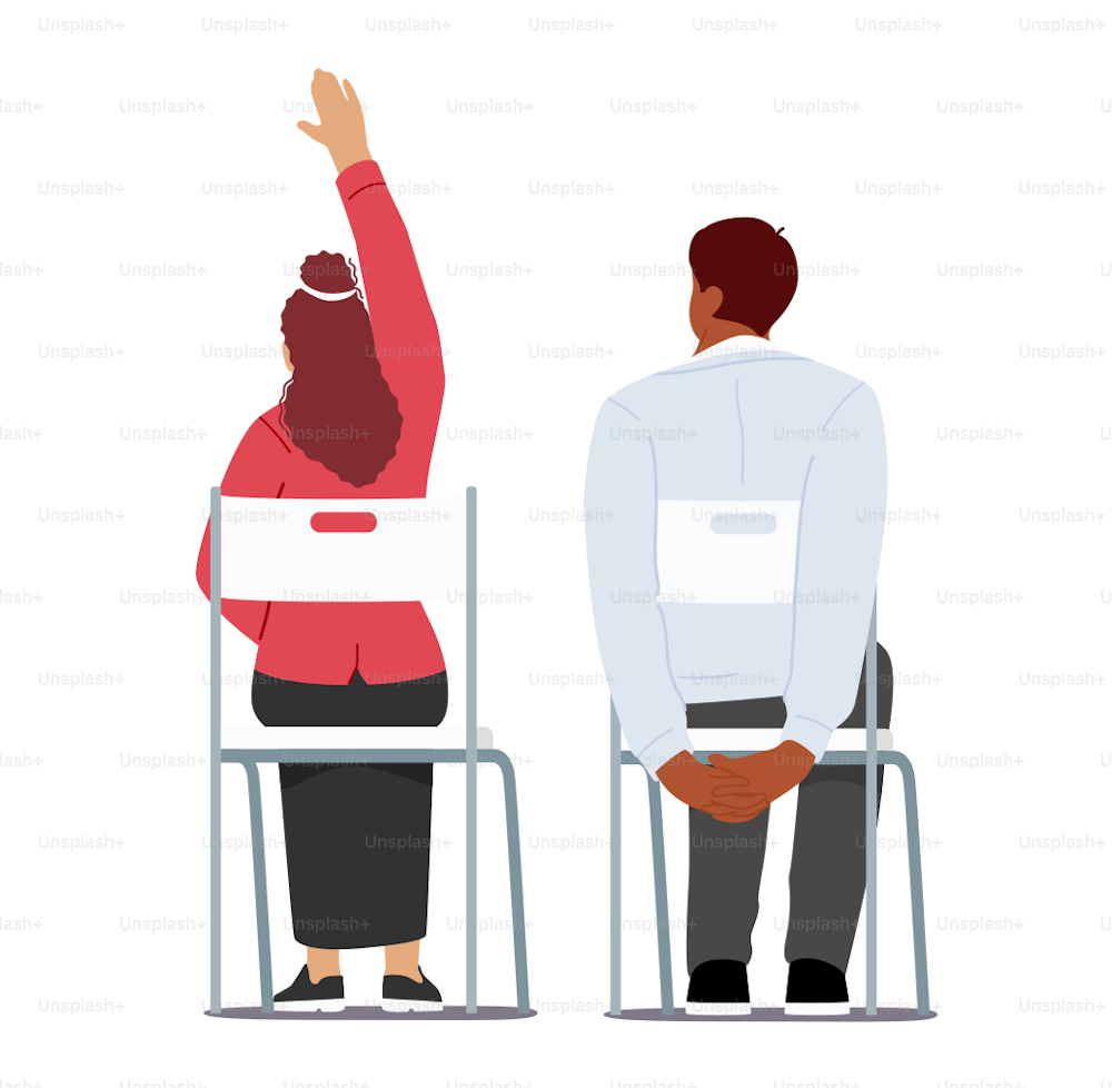 Students, Lecture or Workshop Participants in University or College. People Sitting Back View. Young Man and Woman Characters Sit on Chairs Raising Hand for Answer. Cartoon Vector Illustration
