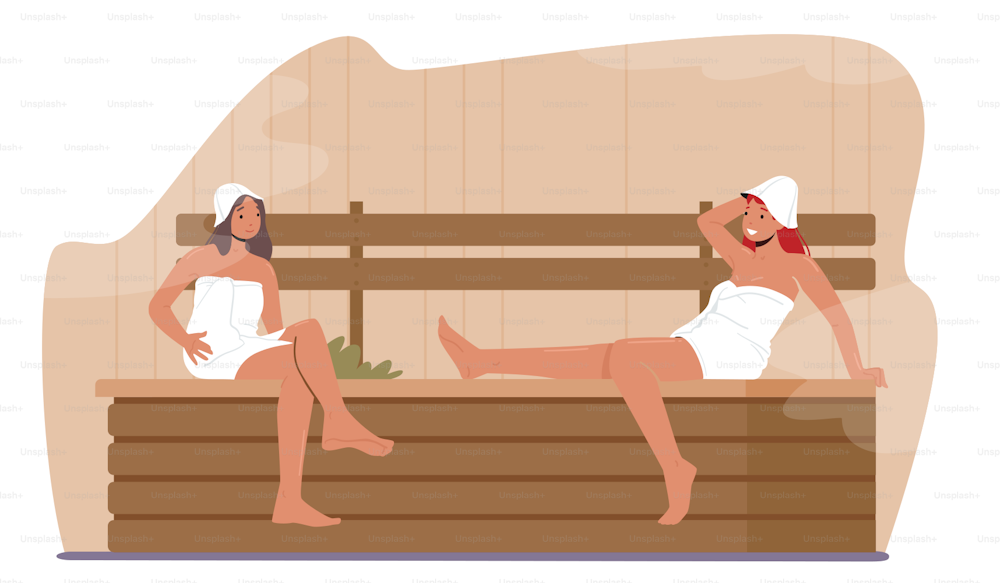 Sauna Spa Water Procedure. Relaxation, Body Care Therapy, Couple of Women Friends Wrapped in Towels Sitting on Wooden Bench in Steam Room in Bath, People Wellness, Hygiene. Cartoon Vector Illustration
