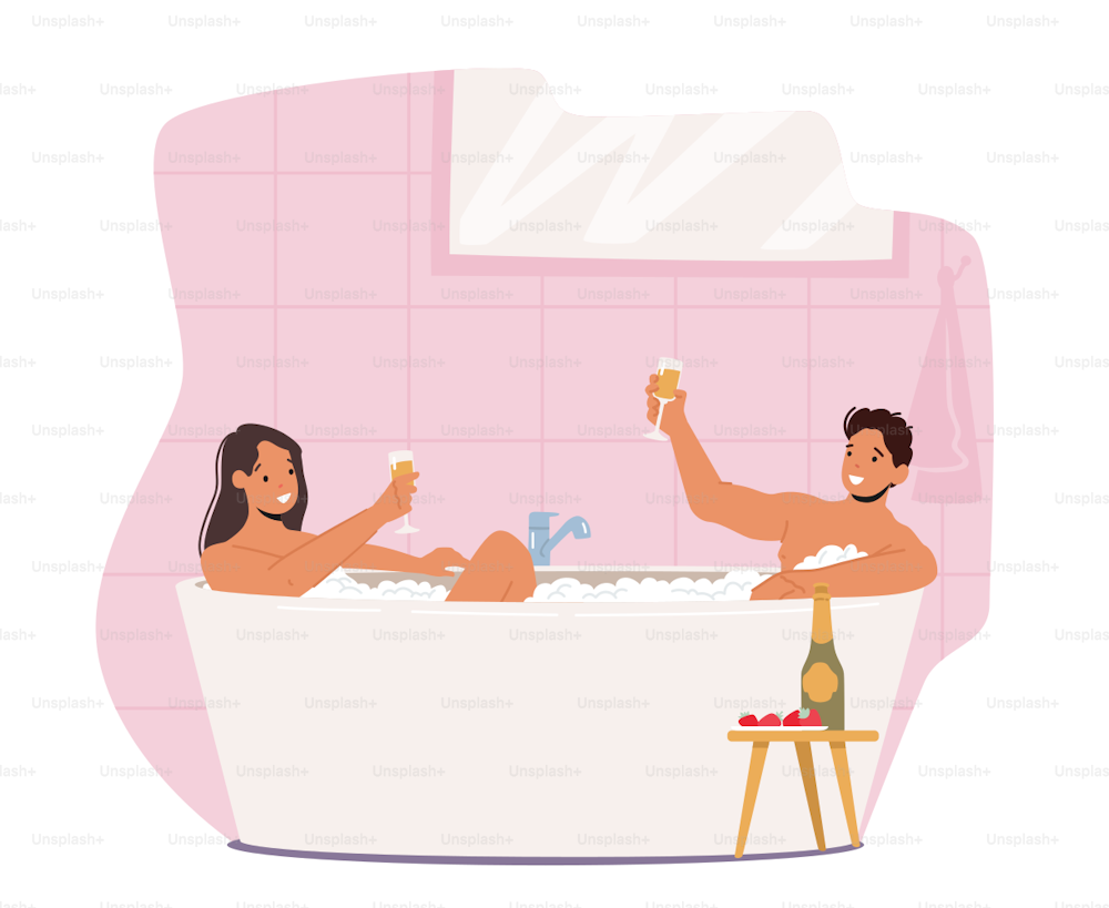 Couple Date in Bathtub, Relaxation, Body Care, Honeymoon Concept. Young Man and Woman Sitting in Bath Tub with Foam Drinking Champagne Spa Bathing Water Procedure. Cartoon People Vector Illustration