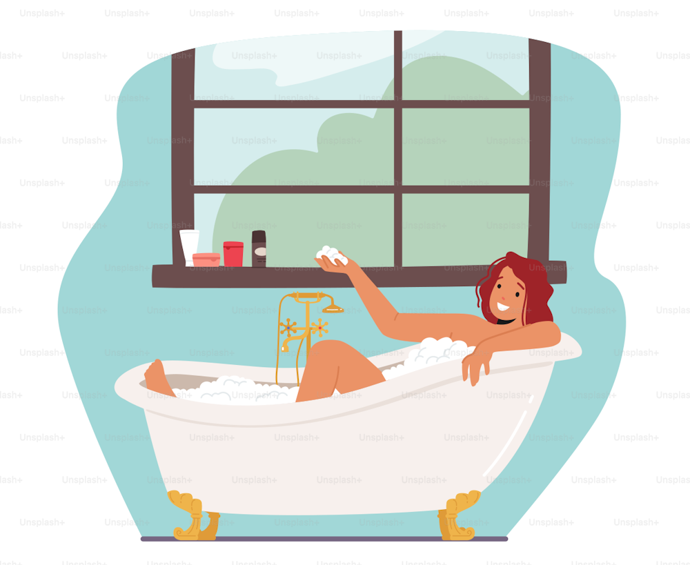 Girl Washing Body Sitting in Foamy Bath Tub with Bubbles. Young Woman Relaxing in Bathtub with Foam and Cosmetics. Happy Female Character Hygiene and Beauty Procedure. Cartoon Vector Illustration