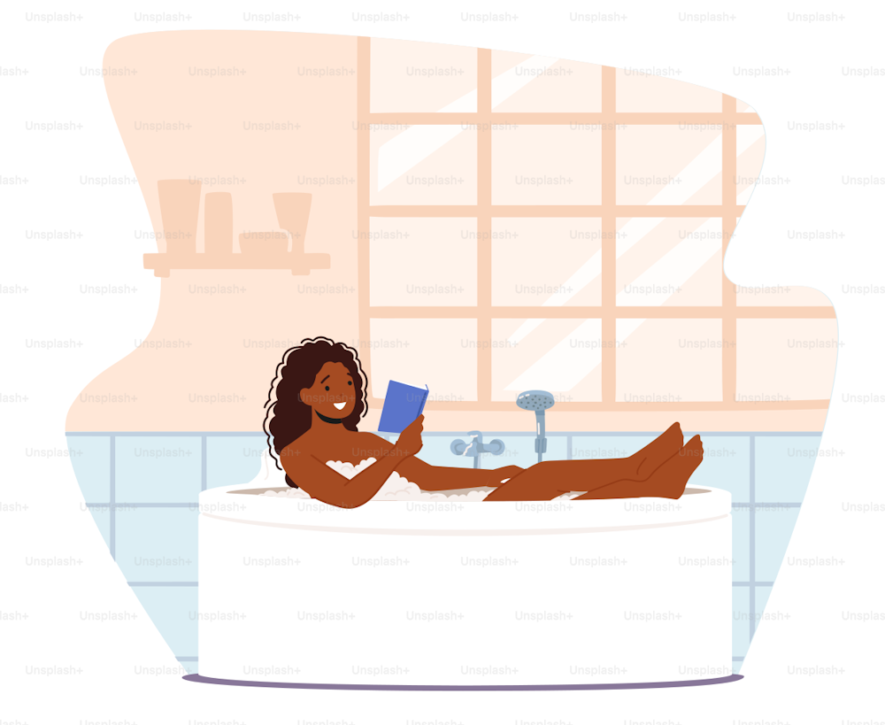 Jeune femme se relaxant dans un livre de lecture de baignoire. Heureux caractère féminin africain hygiène, bien-être et procédure de beauté à la maison. Fille lavant le corps assis dans la baignoire. Illustration vectorielle de bande dessinée