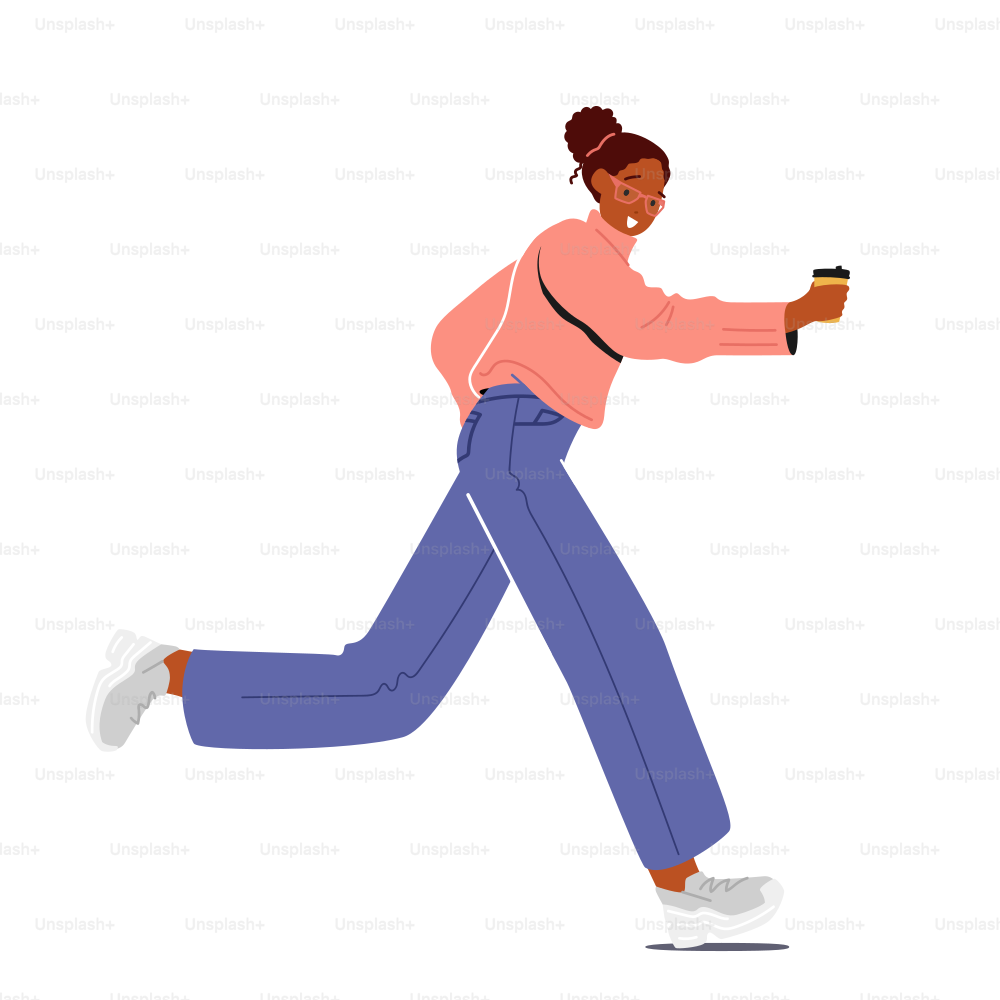Running Girl with Disposable Coffee Cup in Hand Late at Work or University due to Oversleep or Traffic Jam. Student, Office Worker, Businesswoman Character Hurry. Cartoon People Vector Illustration
