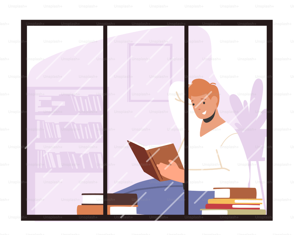 外で雨が降る窓際に座って読む男性キャラクター。教育または趣味のコンセプト。男は家で本を読む。学生は試験、週末の暇つぶし、人間の生活の準備をします。漫画のベクターイラスト