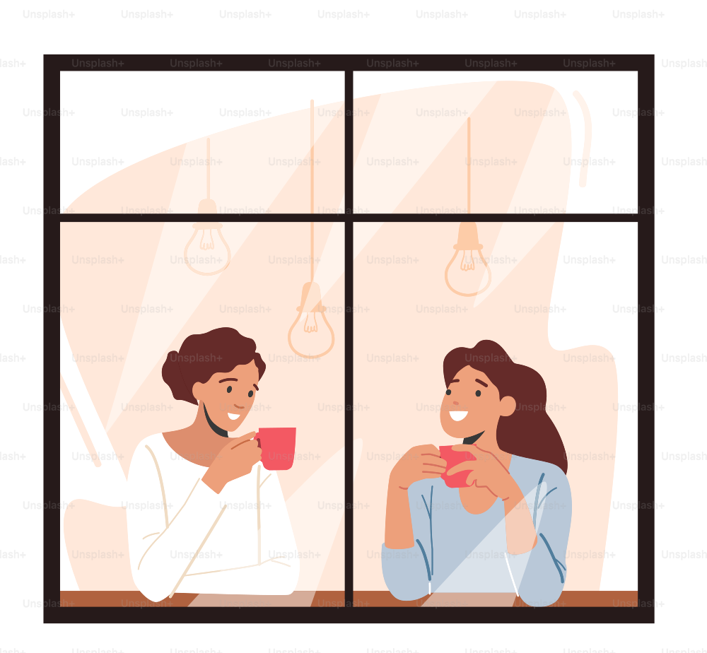 Young Women Looking Through the Window of Home or Cafe Drinking Coffee or Tea Holding Cups in Hands. Girlfriends Characters Meeting for Communication and Chatting. Cartoon People Vector Illustration