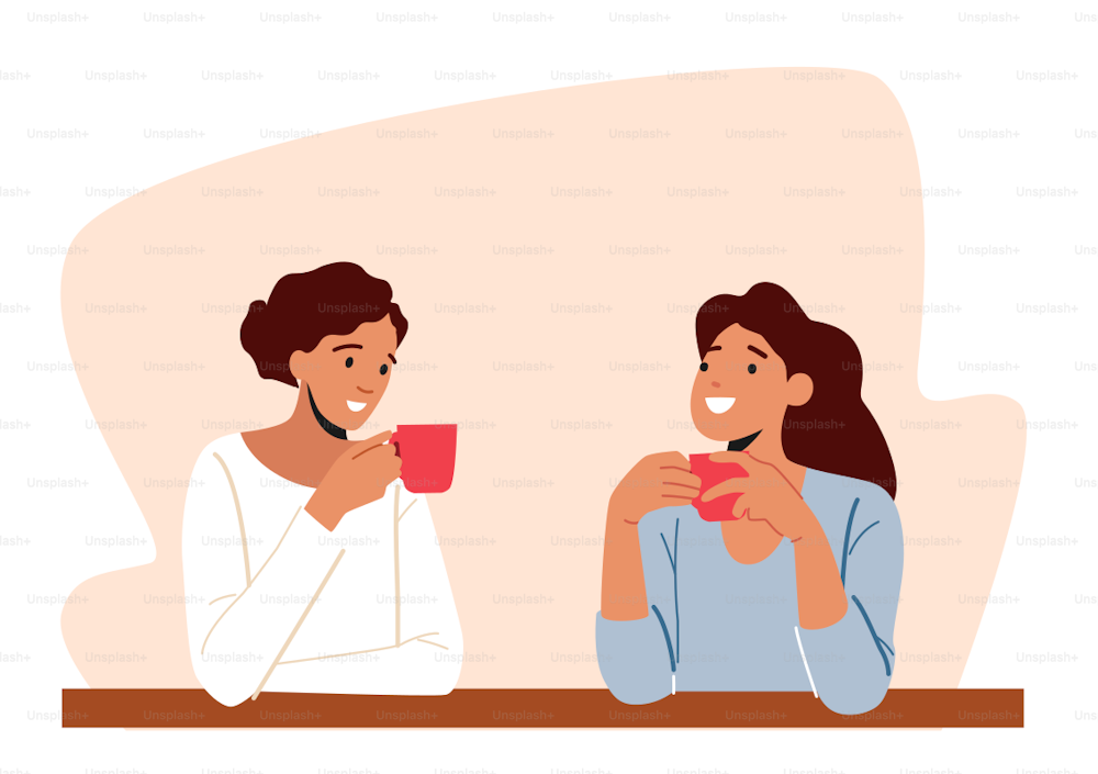 Young Women Meeting at Home or Cafe Drinking Coffee or Tea Holding Cups in Hands. Girlfriends Characters Meeting for Communication and Chatting, Weekend Sparetime. Cartoon People Vector Illustration