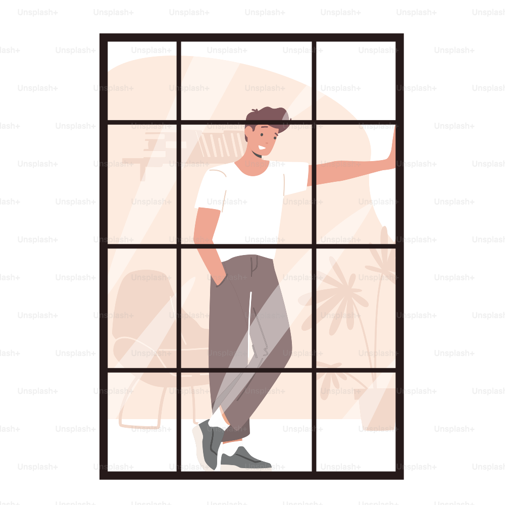 Smiling Male Character Stand in Office or Living Room Looking on City through Floor-to Ceiling Window. Human Lifestyle, Weekend Leisure, Sparetime and Recreation. Cartoon People Vector Illustration