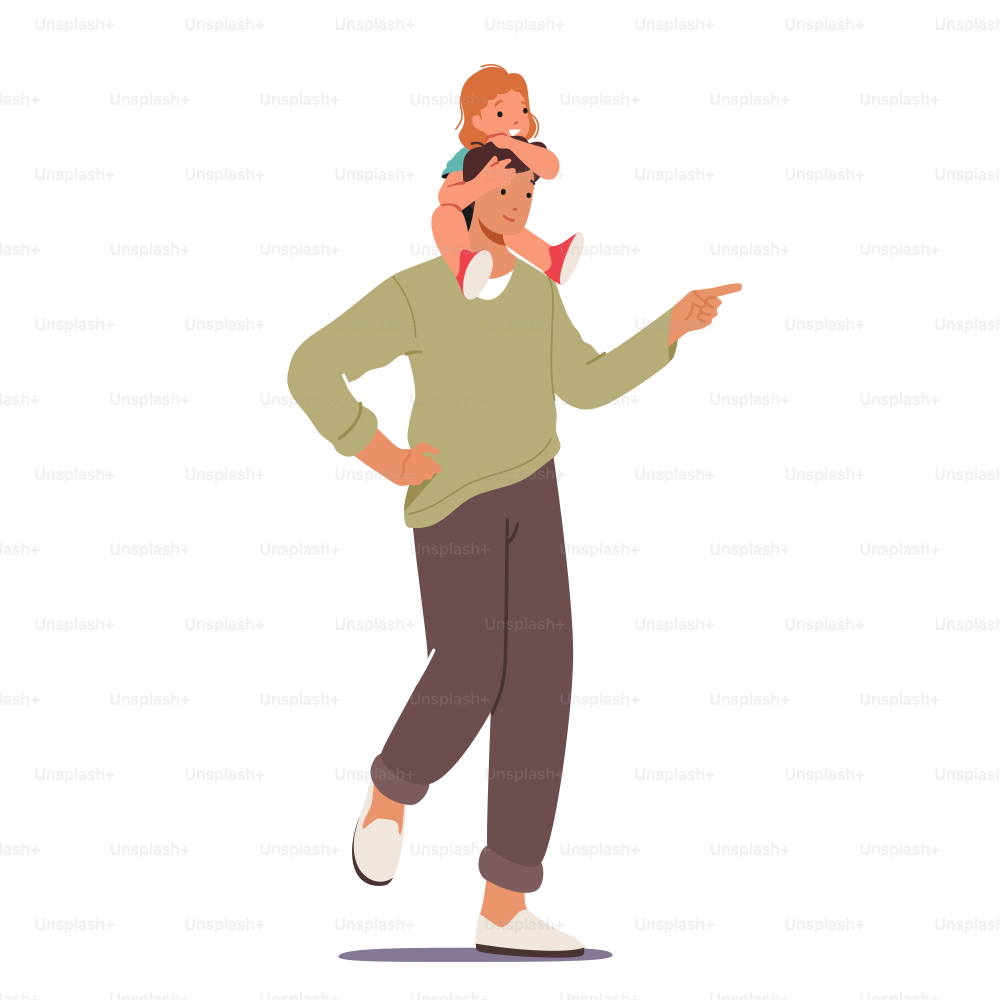 Happy Father with Little Child Isolated on White Background. Family Characters Dad and Daughter Sitting on his Shoulders Spend Time Together, Fun, Communicate, Play. Cartoon People Vector Illustration