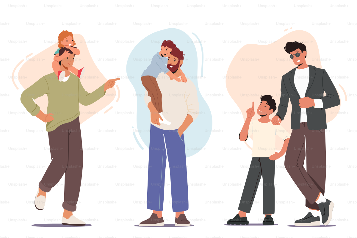 Stabilisci padri felici con figli, legame, amore. Personaggi di famiglia  Papà, figli o figlie passano del tempo insieme, si divertono, comunicano,  giocano isolati su sfondo bianco. Illustrazione vettoriale di Personaggi dei  Cartoni, image size:3000x2000