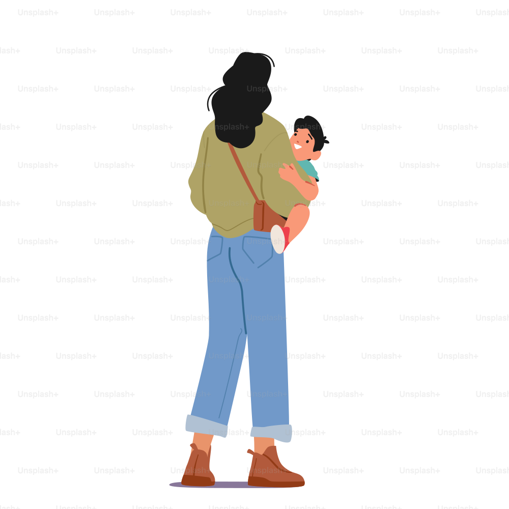 Family Characters Mom and Son Spend Time Together, Having Fun, Communicate, Playing. Young Mother Holding Child on Hands Back View Isolated on White Background. Cartoon People Vector Illustration