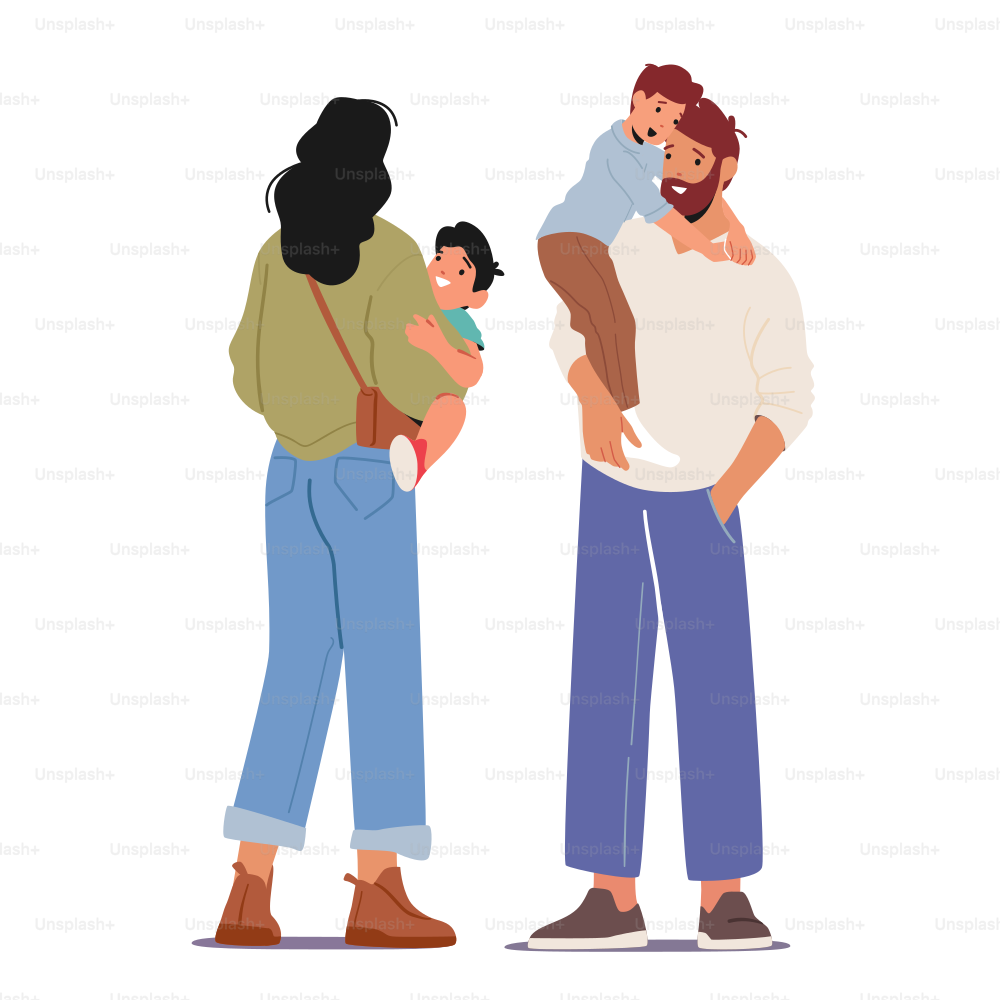 Young Parents with Children. Mother and Father Loving Happy Family Characters Holding Cute Baby and Toddler Kids on Hands, Hugging, Express Love and Tenderness. Cartoon People Vector Illustration