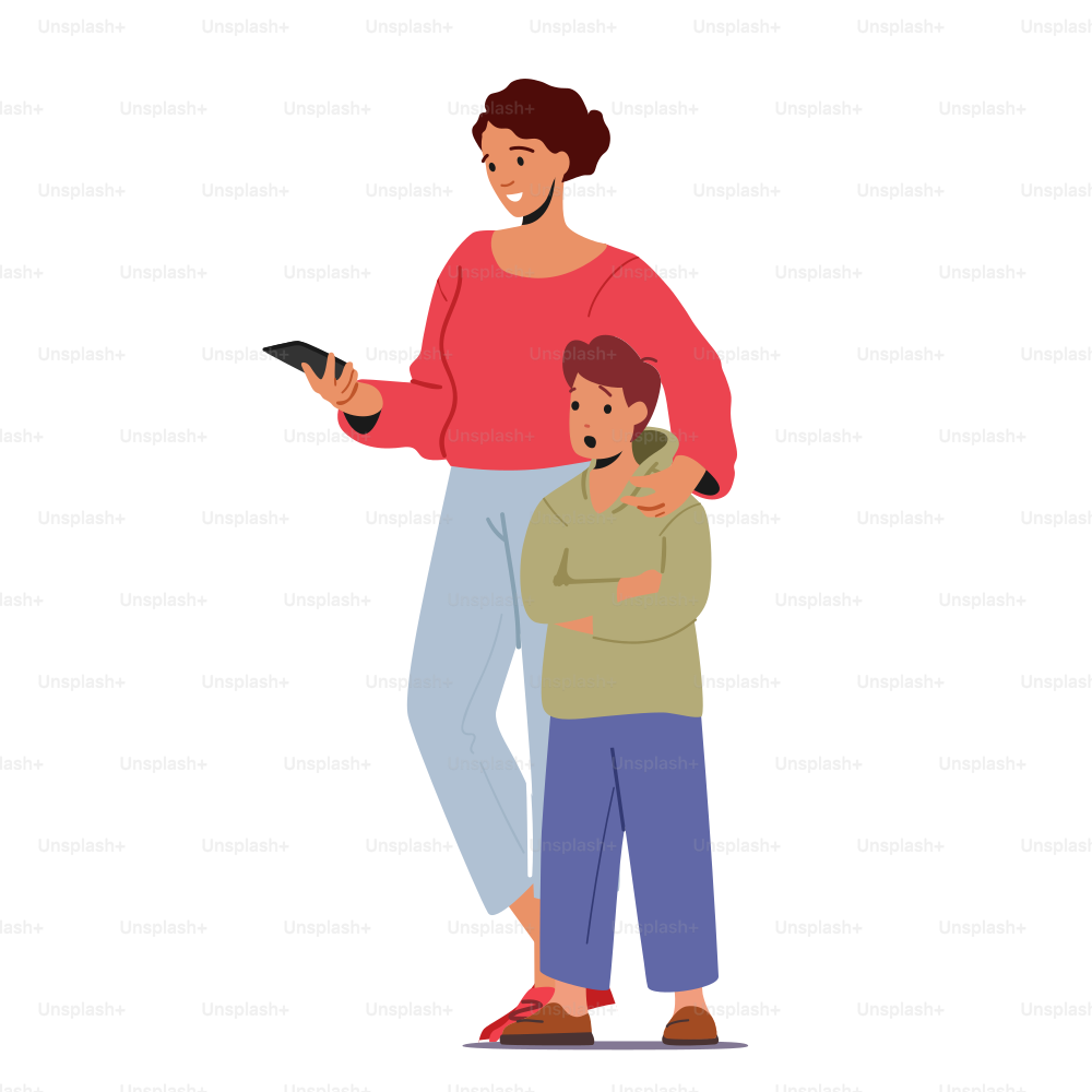 Happy Mother Spend Time with Son, Mom with Smartphone Put Hand on Child Shoulder Isolated on White Background. Family Characters Mommy and Son Spend Time Together. Cartoon People Vector Illustration