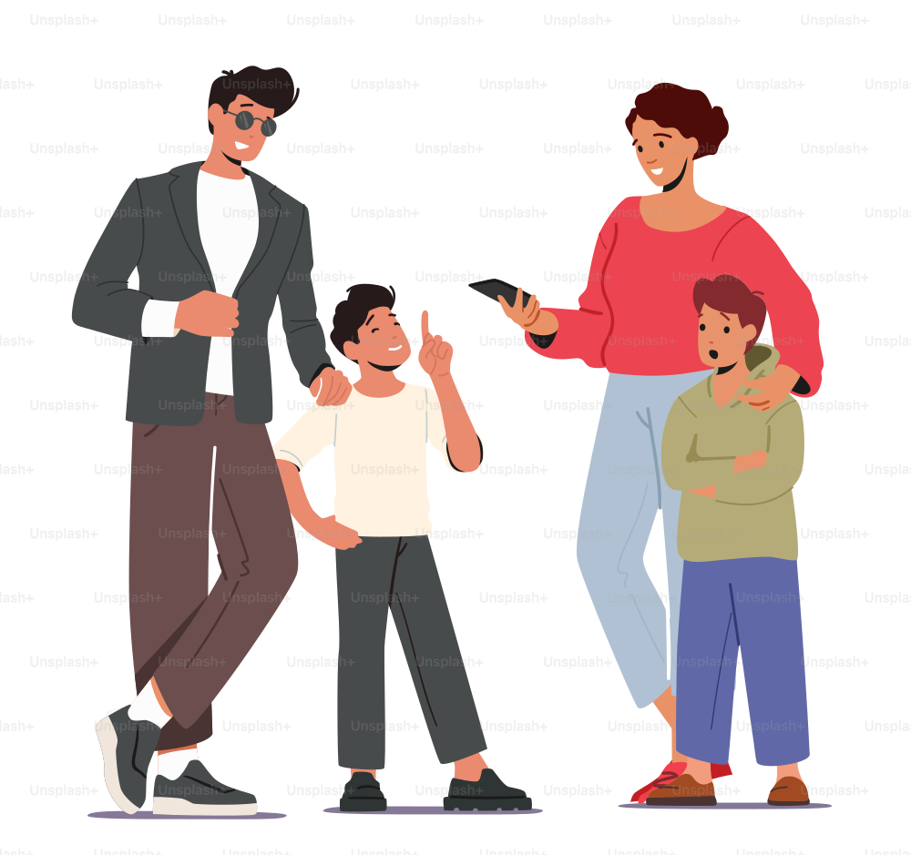 Young Parents with Children. Mother and Father Loving Happy Family Characters Spend Time with Kids, Mom and Dad with Two Sons Laughing and Chatting Together. Cartoon People Vector Illustration