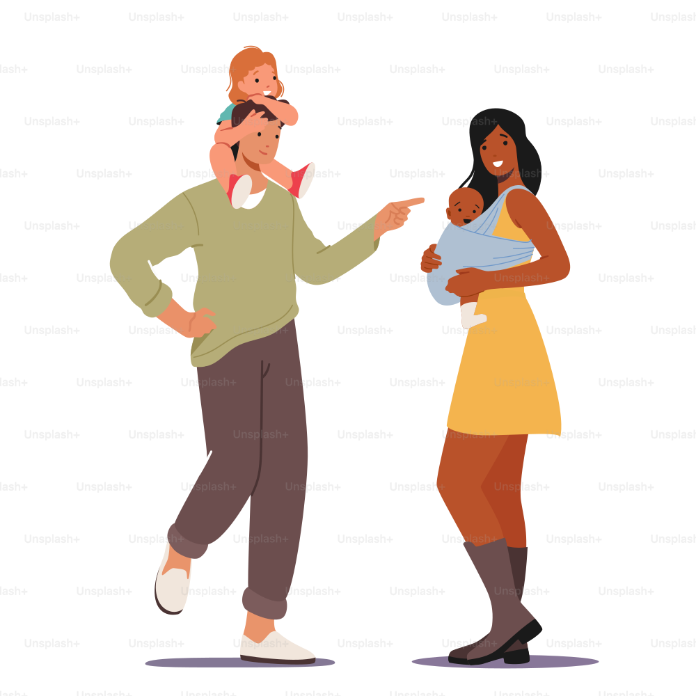 Multiracial Loving Parents with Babies. Mother and Father Caucasian and African Ethnicity Family Characters Holding Children on Hands Isolated on White Background. Cartoon People Vector Illustration