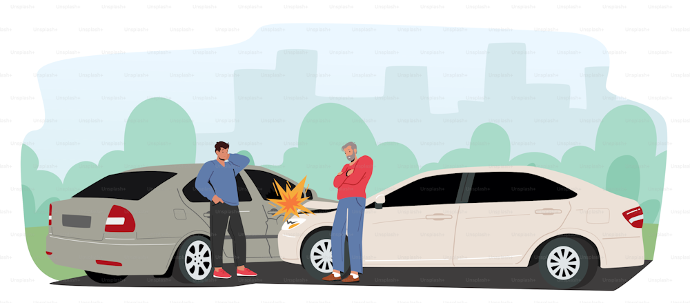 Car Accident on Road, Couple of Drivers Male Character Stand on Roadside at Crashed Automobiles. Insurance Situation, City Dwellers Suffered in Traffic Jam. Cartoon People Vector Illustration