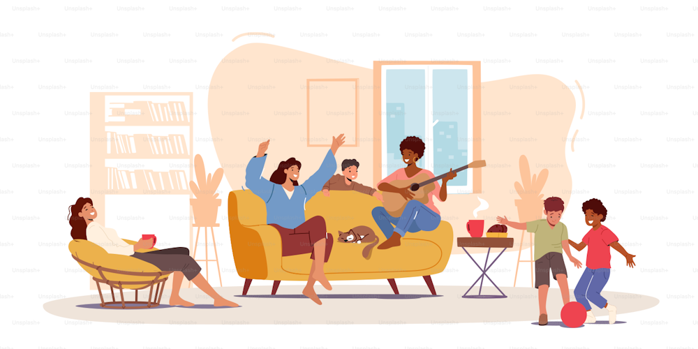 Moms Girlfriend at Home, Happy Family Characters Laughing, Playing Guitar, Mother, her Friends and Children Telling Funny Stories, Dance, Spending Time Together. Cartoon People Vector Illustration