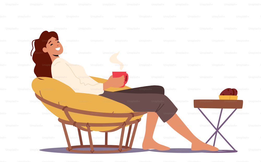 Female Character Relaxing in Comfortable Soft Round Chair with Coffee or Tea Cup in Hands. Woman Enjoying Weekend Relax at Home Sitting in Fashionable Furniture. Cartoon Vector Illustration