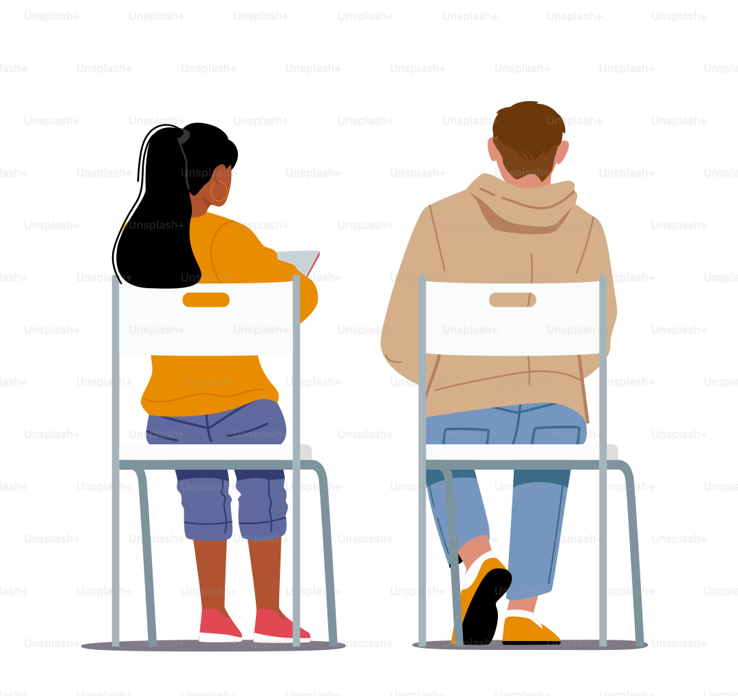 Participantes de la clase sentados en sillas vista trasera, gente tomando notas, escuchando la clase. Jóvenes hombres y mujeres estudiantes personajes Vista trasera, universidad y colegio oyentes. Ilustración vectorial de dibujos animados
