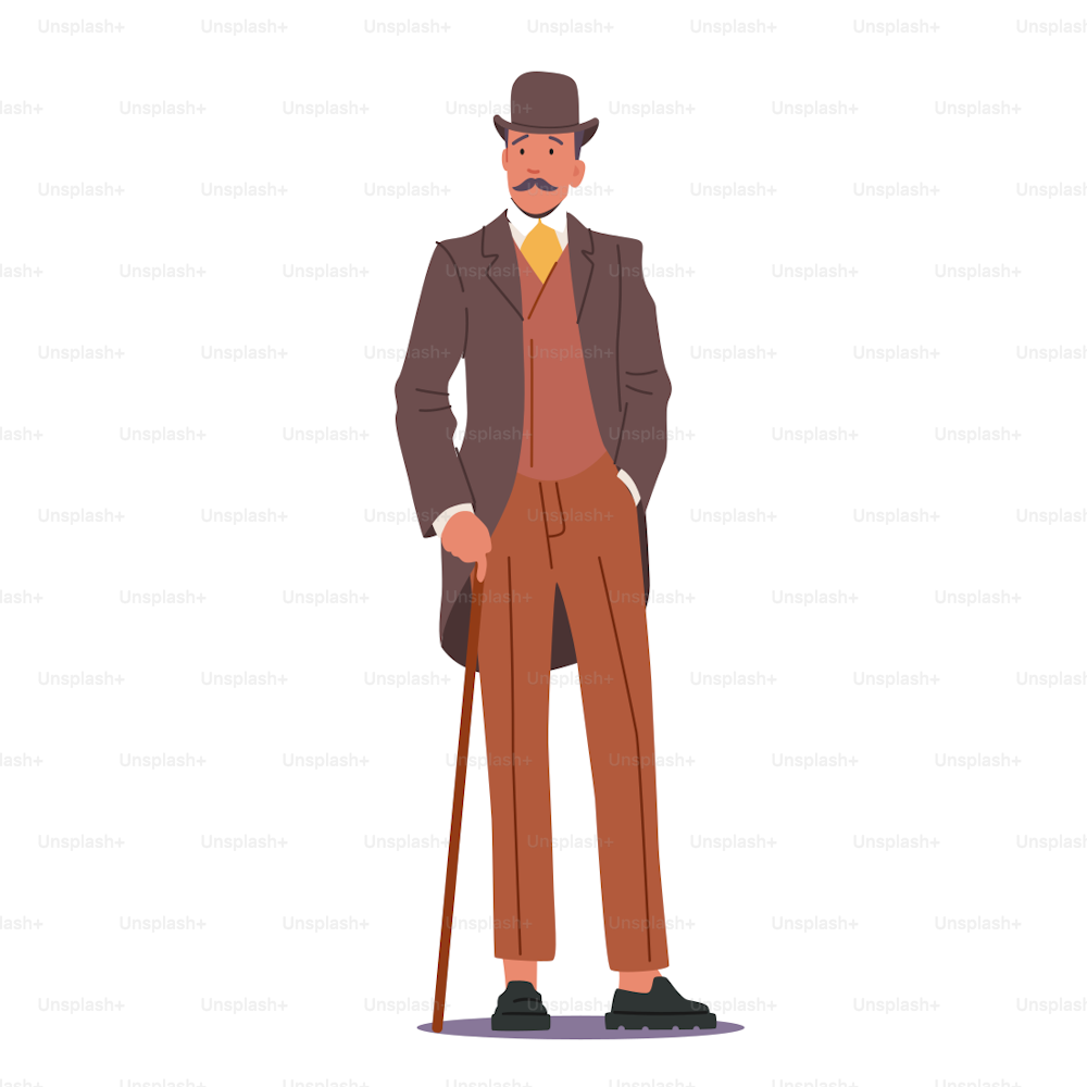 Hombre elegante y orgulloso del siglo XIX. Caballero victoriano inglés con abrigo de lana, sombrero con bastón para caminar, personaje masculino con traje vintage aislado sobre fondo blanco. Ilustración vectorial de dibujos animados.
