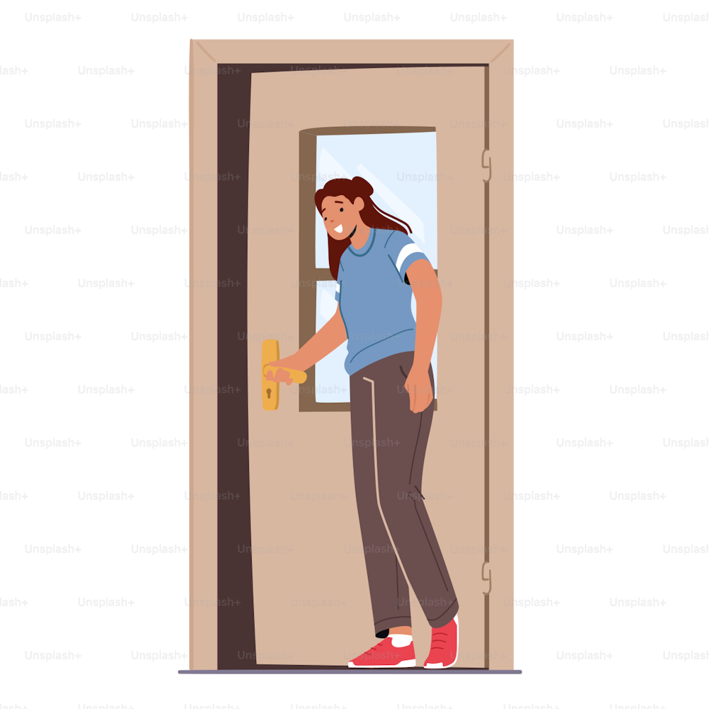 Weibliche Figur, die Tür öffnet, um das Haus zu verlassen oder zu betreten, Mädchen stehen an offener Tür, isoliert auf weißem Hintergrund. Einladung, Eingang zu Hause, Wohnung oder Büro. Cartoon Menschen Vektor Illustration