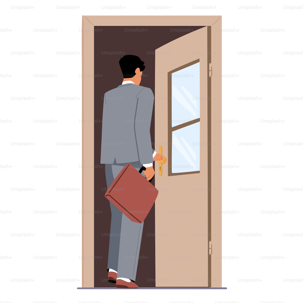 Geschäftsmann in formeller Kleidung betritt die offene Tür, männliche Figur tritt isoliert auf weißem Hintergrund in die Bürotür. Neue Chancen, Karriereschub, Veränderungen im Leben. Cartoon Menschen Vektor Illustration