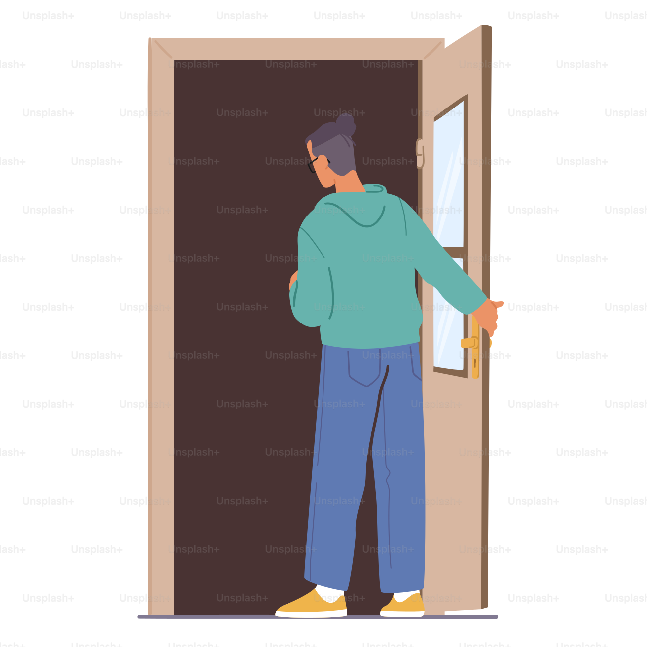 Young Man Stand at Home Doorway Look inside. Male Character Opening Door Isolated on White Background. Invitation, New Opportunity, Entrance to Apartment or Office Cartoon People Vector Illustration