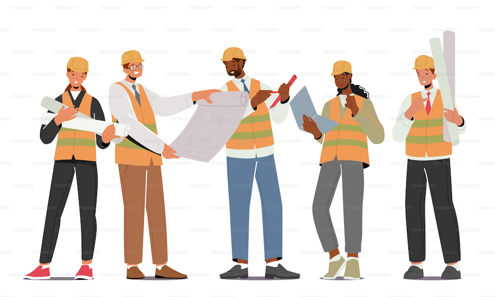 Builders, Workers Construction Engineers or Foreman Characters in Helmets with Tools and Blueprints. Architects with House Plan, Professional Architecture Employees. Cartoon People Vector Illustration